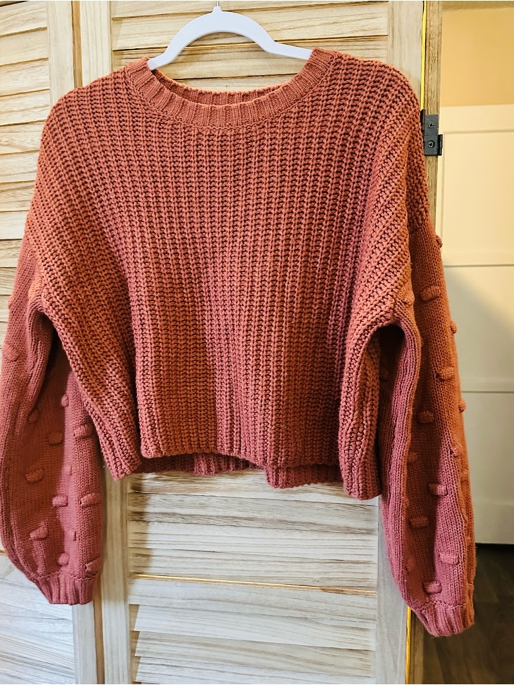 moon & madison Rose Clay Bobble-Sleeve Chunky Knit Sweater